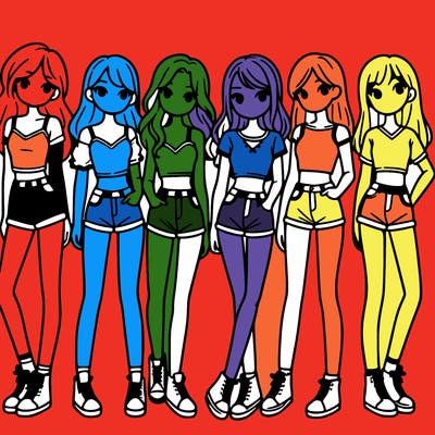 a group of girls wearing crop tops and shorts