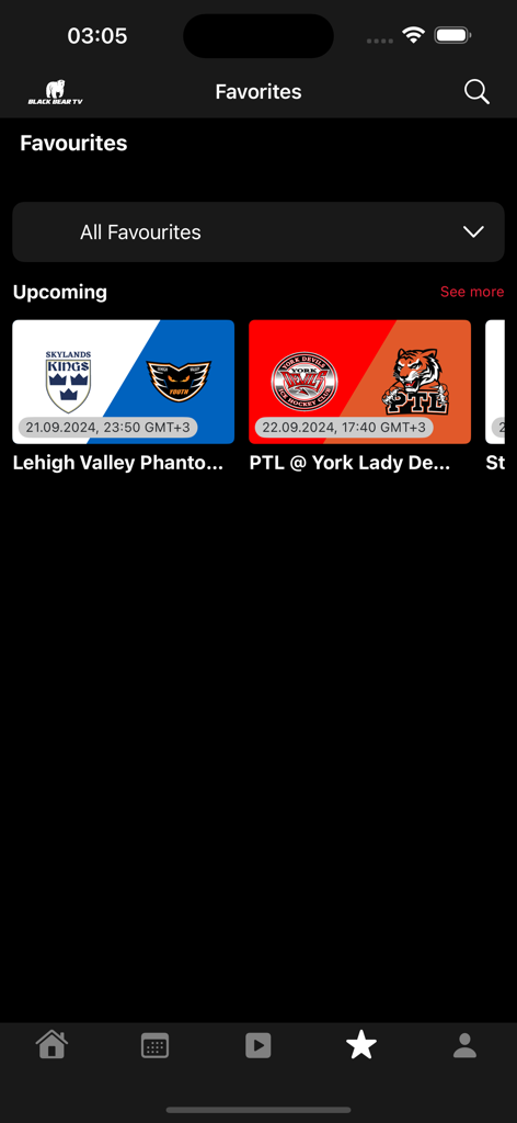 Schermata dei preferiti dell'app BlackBear TV che mostra un elenco delle prossime partite di hockey giovanile con loghi delle squadre e date degli incontri