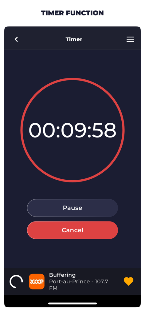 Interface of the Radio Haiti app showing the sleep timer function with a countdown and playback controls