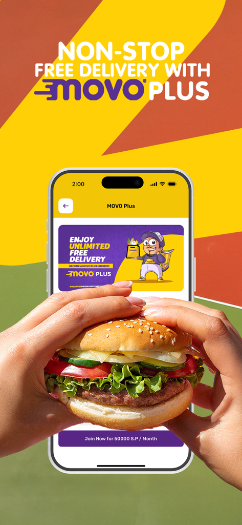 Movo - Delivery - Movo Plus membership promotion screen offering unlimited free delivery behind a person holding a large burger