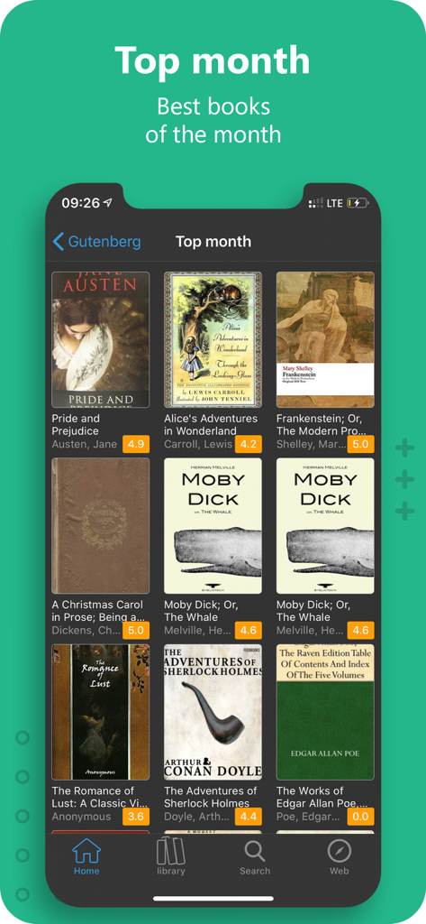 Screenshot of the Gutenberg Ebook Reader app displaying popular classic books in the Top Month section.