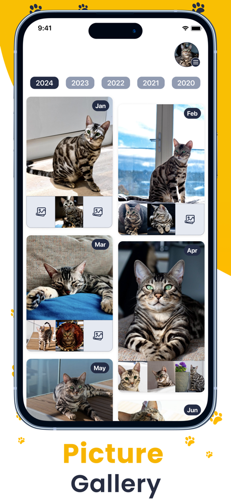 Pet Care Tracker Dog Cat Log - Monthly cat photo gallery interface in the Pet Care Tracker mobile app