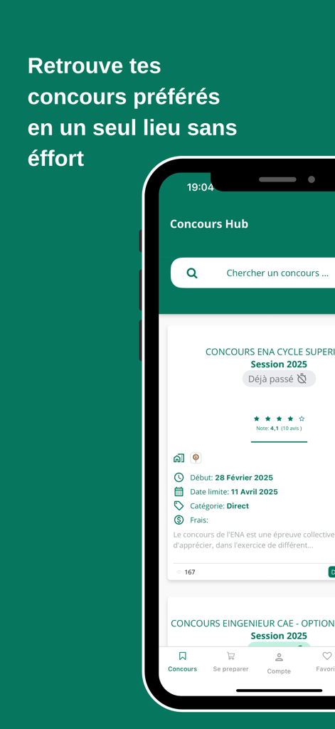 Concours Hub - Interface mobile de Concours Hub montrant les listes de concours et les dates limites d'inscription pour les programmes d'éducation compétitifs