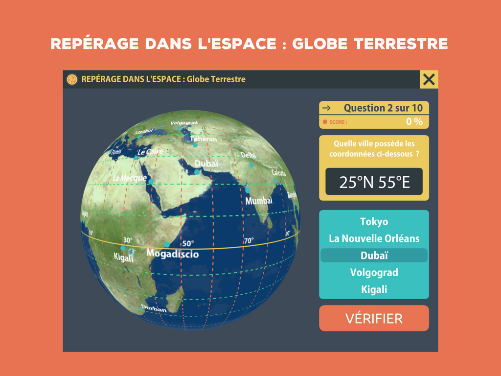 Repérage - Ecrã educativo mostrando um exercício de globo terrestre 3D para identificar coordenadas geográficas de cidades.