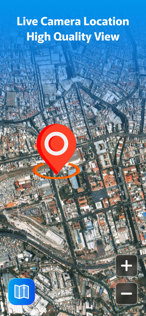 Vista de mapa satelital que muestra la ubicación de una cámara en vivo con un indicador de pin rojo.