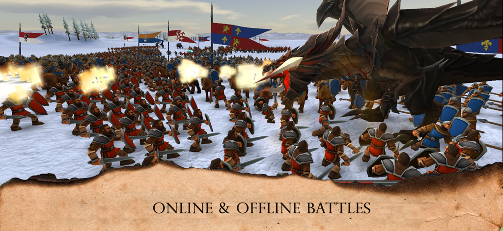 Large scale medieval fantasy battle featuring an army of soldiers and a giant dragon in a snowy environment
