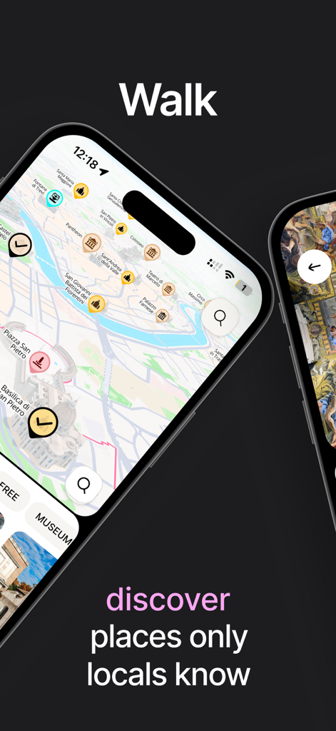 App Cicero che mostra una mappa interattiva di Roma con icone per attrazioni locali e siti storici