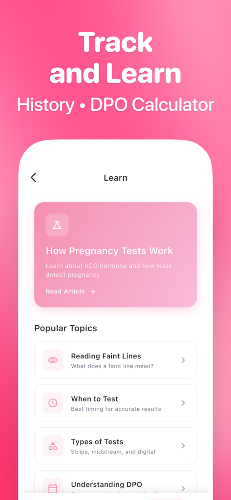 Pregnancy Test Checker - AI - Learning section of the Pregnancy Test Checker app showing articles on reading faint lines and testing timing