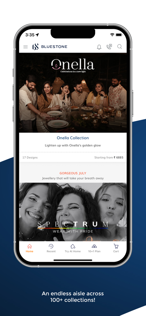 BlueStone Jewellery Online - BlueStone Jewellery Online app home screen displaying featured jewelry collections and navigation menu