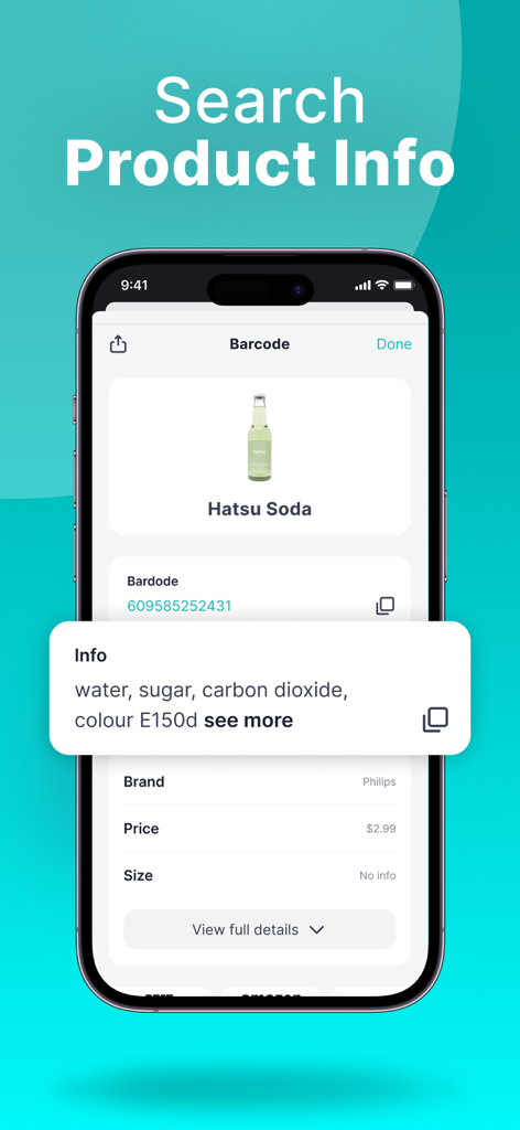 QR Code Reader & Scanner・ - Interface of the QR Code Reader and Scanner app showing product details and price after scanning a barcode