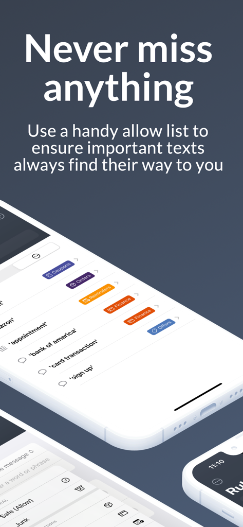 Bouncer app interface showing the allow list feature to organize important text messages into categories