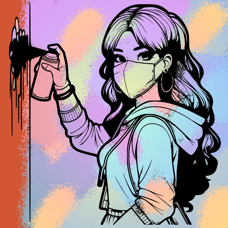 realistic girl with mask spray painting a wall