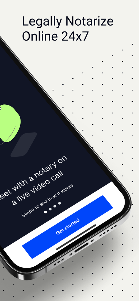 Notarize - Mobile interface of the Notarize app displaying legal online notarization services available 24/7 via live video call.