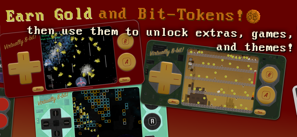 Virtually 8-bit! Game Console - Handheld console interface showing retro games and unlockable themes