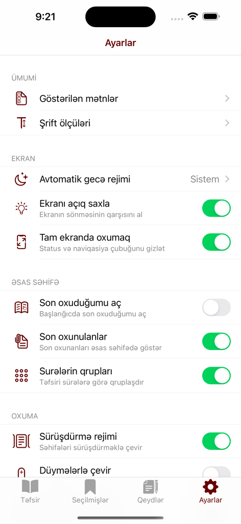Quran Təfsiri - İbn Kəsir - 읽기 및 디스플레이 옵션을 보여주는 아제르바이잔어 꾸란 타프시르 이븐 카티르 앱의 설정 화면