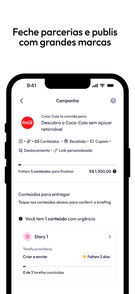 BrandLovers - A screenshot of the BrandLovers app showing a Coca Cola campaign overview and content creator tasks