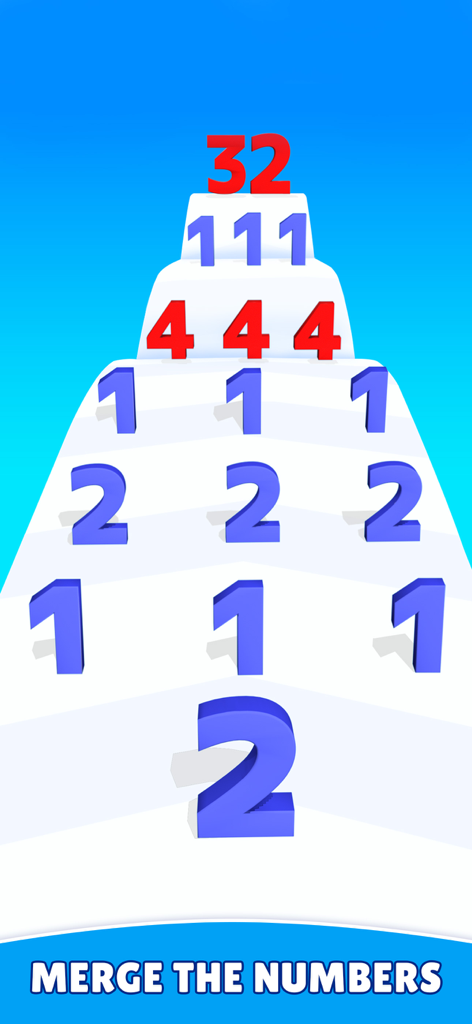 A 3D mobile game level where a large blue number moves along a path to merge with other numbers