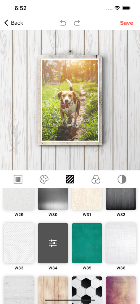 Frame Art: Photo Frames App - Frame Art app interface showing a framed photo of a dog over a wood texture background with various editing options.