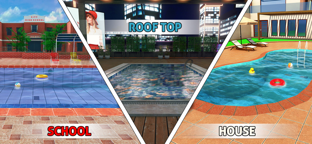 Swimming Pool Cleaning Games - Different swimming pool cleaning locations including school rooftop and house