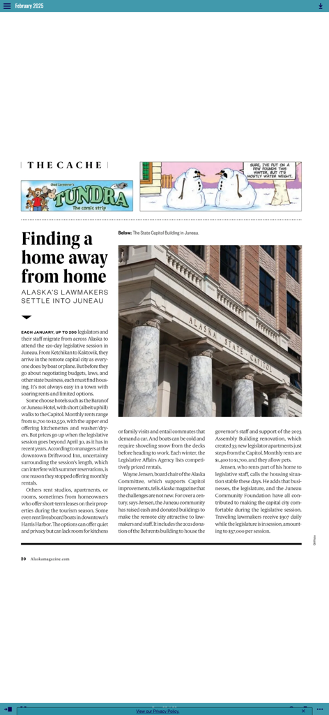 Alaska Magazine - Página de revista digital que presenta un artículo sobre legisladores de Alaska en Juneau con una foto del edificio del Capitolio estatal