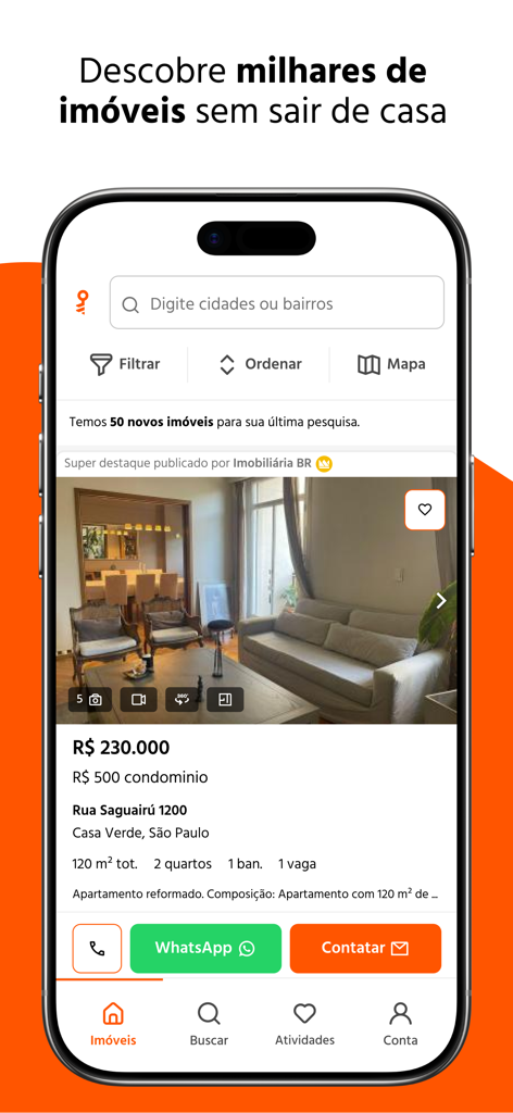 Imovelweb App-Oberfläche, die eine Immobilienanzeige in São Paulo mit Suchfiltern und Kontaktmöglichkeiten zeigt