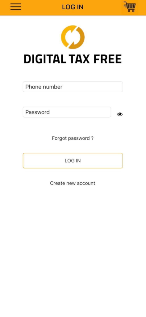 Pantalla de inicio de sesión de la aplicación móvil Digital Tax Free con campos para número de teléfono y contraseña
