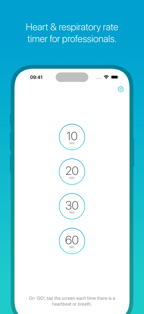 Medtimer app interface displaying timer duration options for heart and respiratory rates