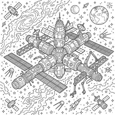 Blast off into a world of creativity with this intricate space station coloring page. Discover a complex orbital outpost surrounded by planets, rockets, and countless stars, ready for your artistic touch.