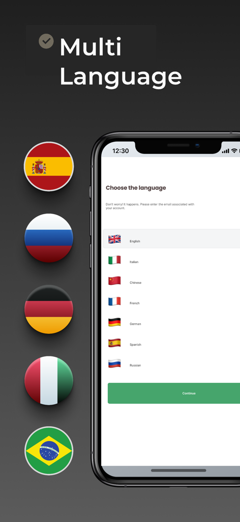 Lastseen Tracker for WA - Language selection screen for Lastseen Tracker for WA app featuring international flags