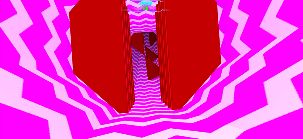 Tunnel Road: Fast Reflex Game - A first person view of a pink and white zigzag patterned tunnel with red obstacles in the Tunnel Road game