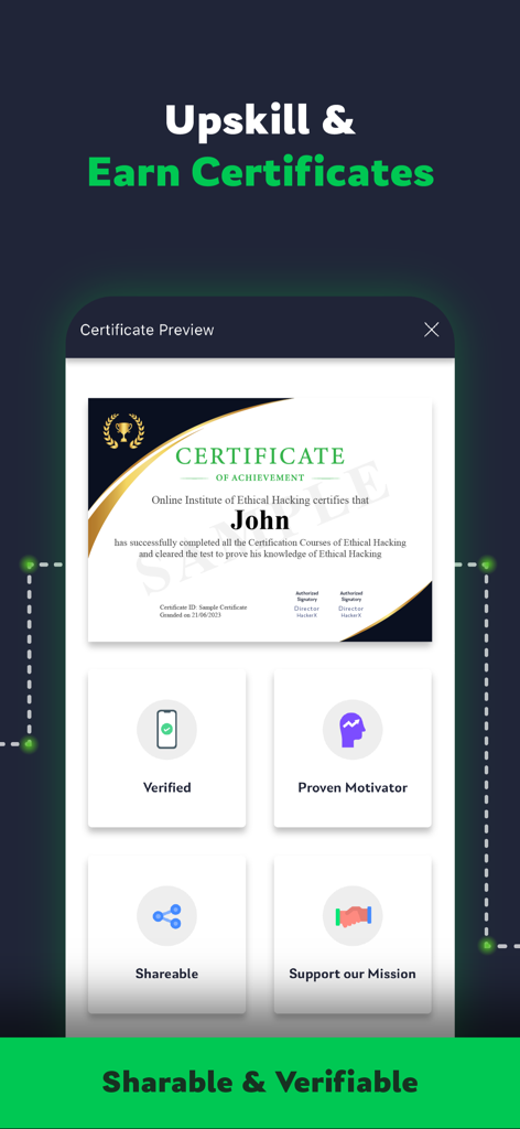 HackerX: Learn Ethical Hacking - HackerX app screenshot displaying a sample ethical hacking certificate of achievement with shareable and verifiable features.