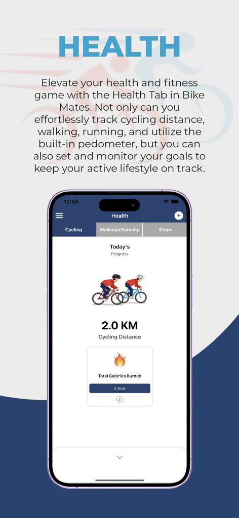 Une interface mobile de Bike Mates montrant l'onglet Santé avec la distance parcourue à vélo, les calories brûlées, et des onglets pour la marche, la course et les pas.