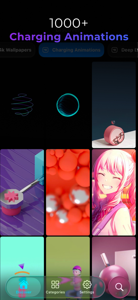 My Screen Wallpaper - Interface do aplicativo My Screen Wallpaper mostrando mais de 1000 animações de carregamento e temas de papel de parede estéticos