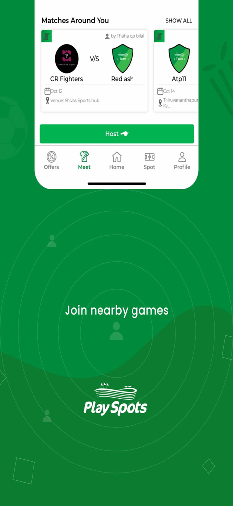 Playspots- Sports facilities - Playspots App-Bildschirm mit lokalen Sportspielen zum Beitreten oder Veranstalten