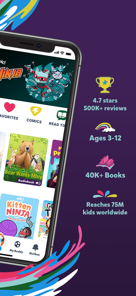 Epic kids reading app display showing library categories and key statistics including ratings and age range
