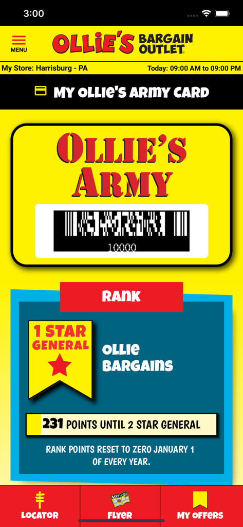 Ollie's Bargain Outlet, Inc - Écran de carte de fidélité numérique Ollie's Army montrant le code-barres, le rang du membre et le solde des points.