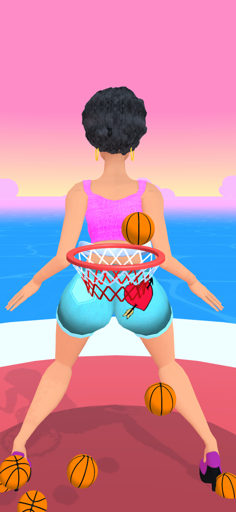 Twerk Master - A 3D character in the Twerk Master game catching basketballs in a hoop attached to her waist