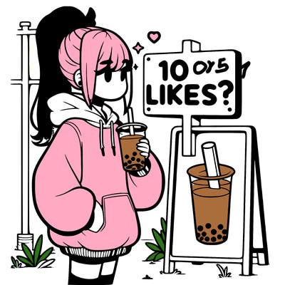 girl with oversized hoodie drinking boba and she has a high ponytail with a sign that says 10likes?