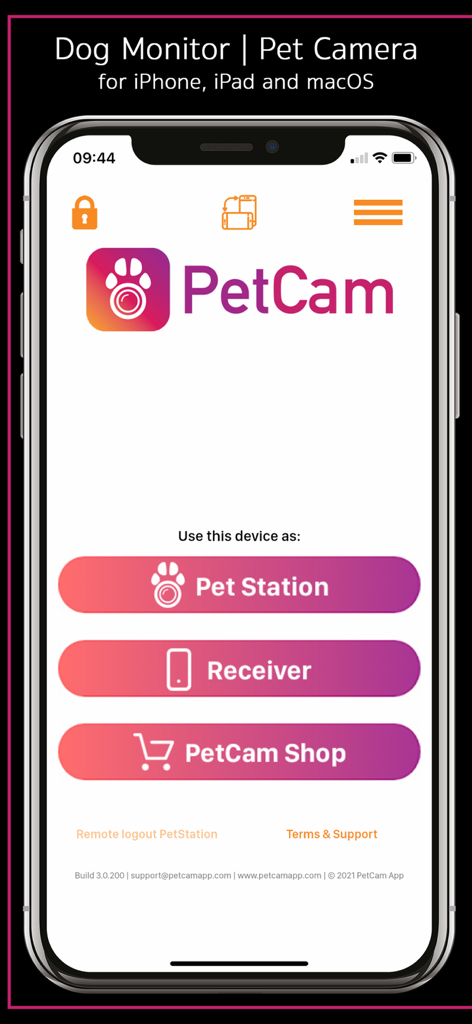 PetCam App - Dog Camera App - Main menu of PetCam app on iPhone showing options for Pet Station and Receiver.