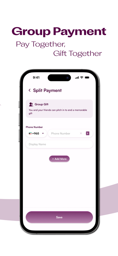 Mawada مودة - Mawada mobile app screen showing the group gift split payment feature