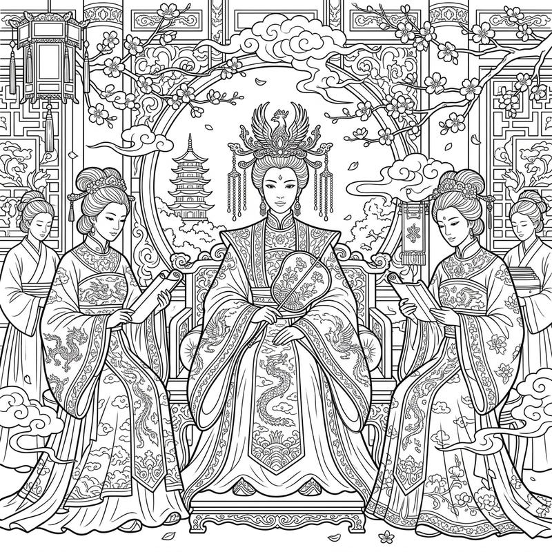 Step into the opulent world of Ancient Chinese Empresses with this beautifully intricate coloring template. Capture the grace and power of these historical figures, surrounded by rich cultural details.