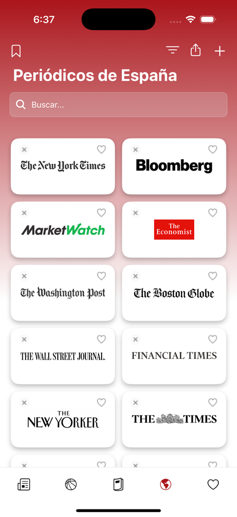Periódicos de España - Interface do aplicativo Periódicos de España mostrando uma grade de logotipos de jornais internacionais incluindo The New York Times e Bloomberg
