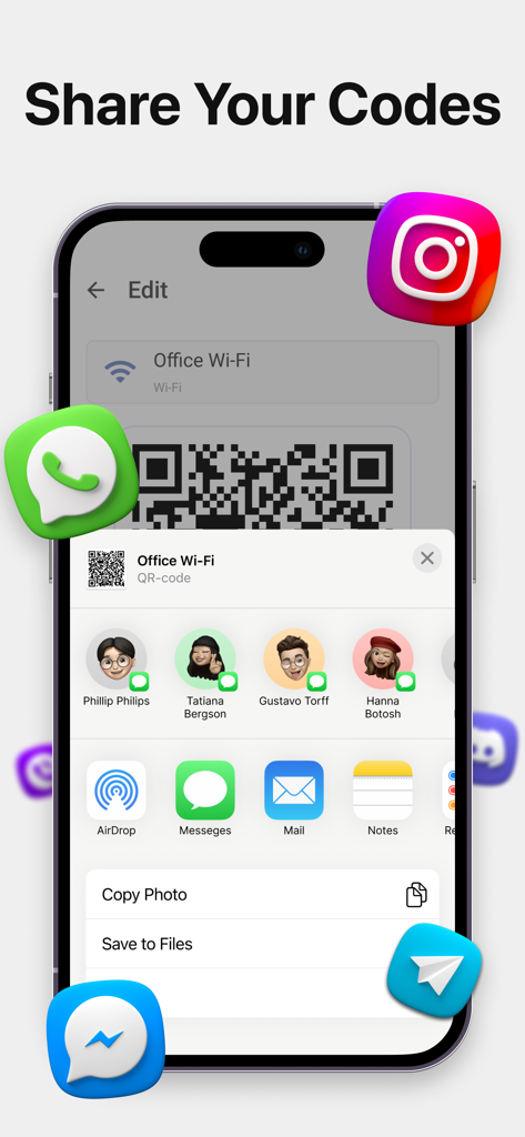 QR Reader & Code Scanner App - Mobile app screen showing the option to share a generated QR code through social media and messaging apps