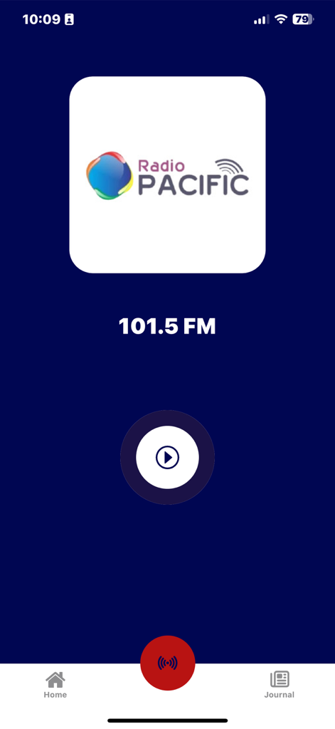 Home screen of the Radio Tele Pacific app showing the 101.5 FM radio station and play button