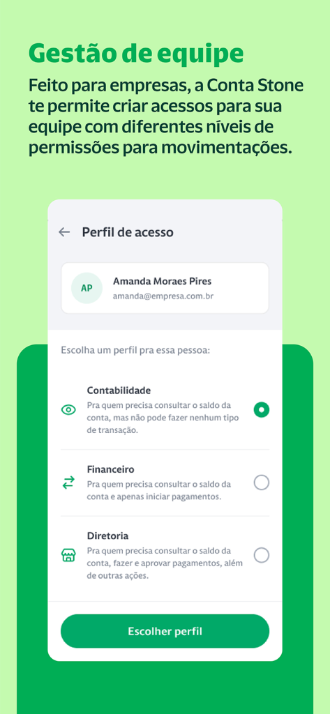 Stone: Maquininha e Conta PJ - Stone mobile App-Oberfläche zur Verwaltung von Teamzugriffen und Transaktionsberechtigungen für ein Geschäftskonto.