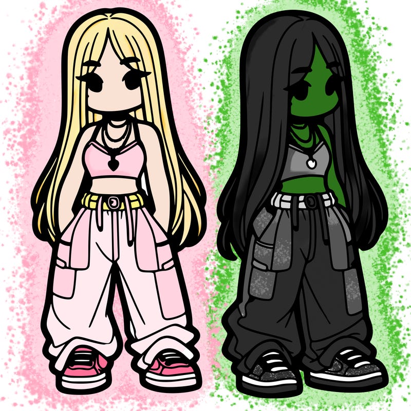 girl in baggy pants crop top and long hair