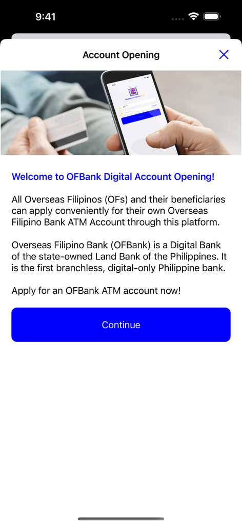OFBank Mobile Banking - Digital account opening screen for OFBank Mobile Banking app
