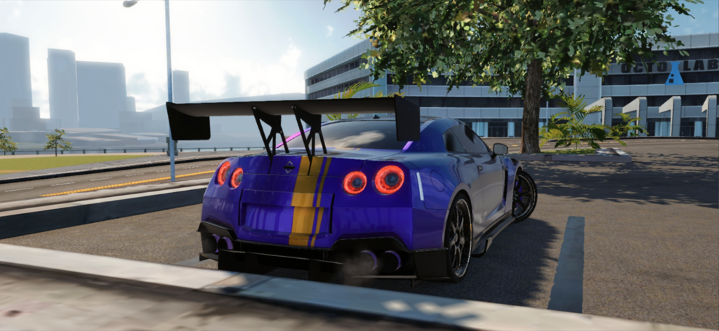 Rear view of a customized blue sports car with yellow racing stripes and a large spoiler in a city parking lot.