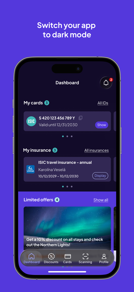 Dashboard of the Alive App in dark mode showing a digital ISIC card and travel insurance information.