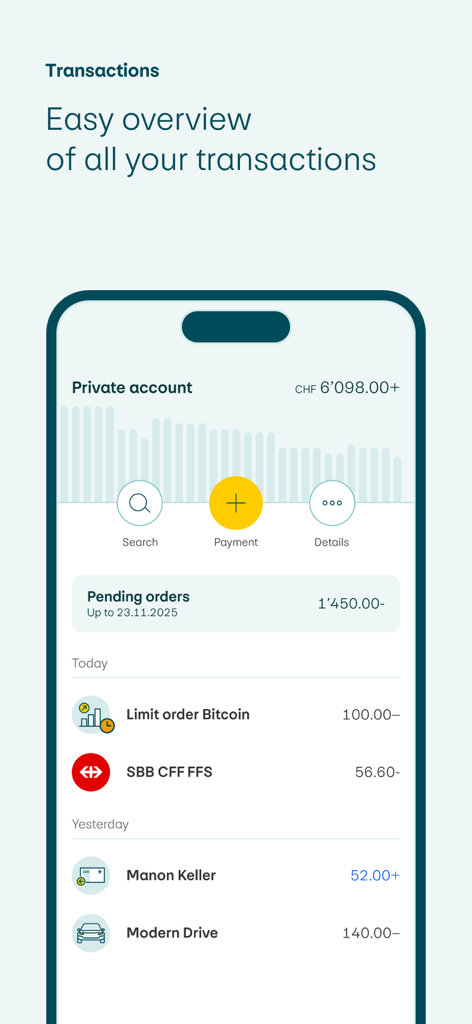 PostFinance app interface displaying private account balance and recent financial transactions list